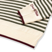 Striped fabric with a brand logo on a white background