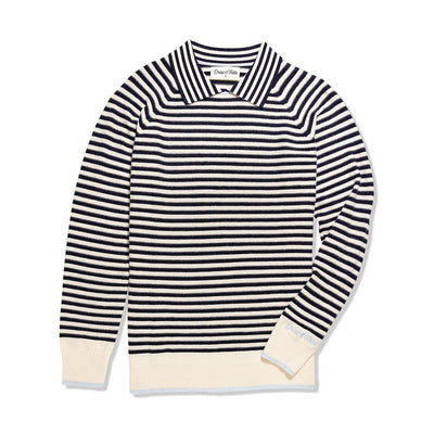 Blue and white striped sweater with cream cuffs and hem on a white background